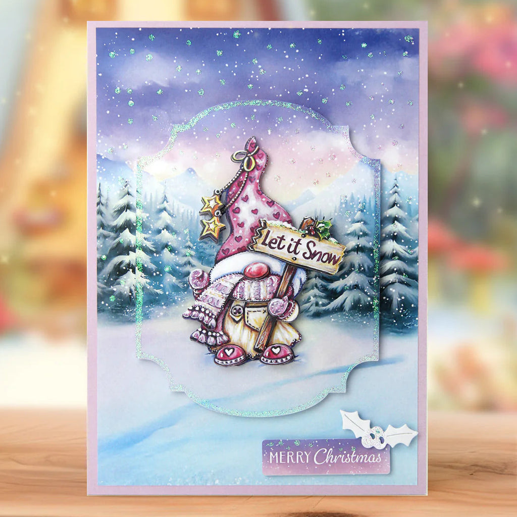 Katy Sue Designs Die Cut Decoupage Christmas Gnomes 11-dcdcgn12 snowy mountain pink heart hat let it snow christmas card