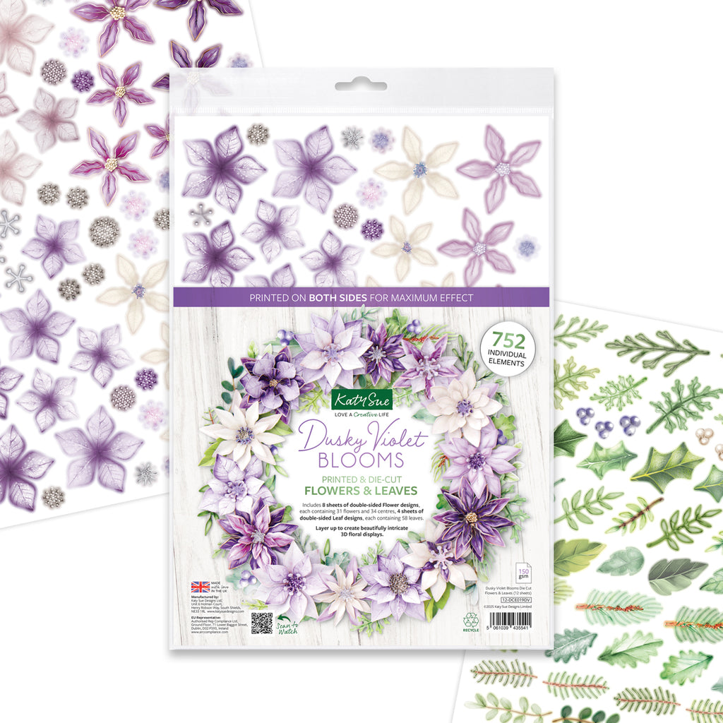 Katy Sue Designs Dusky Violet Blooms, Die Cut Flowers and Leaves 12-dce019dv