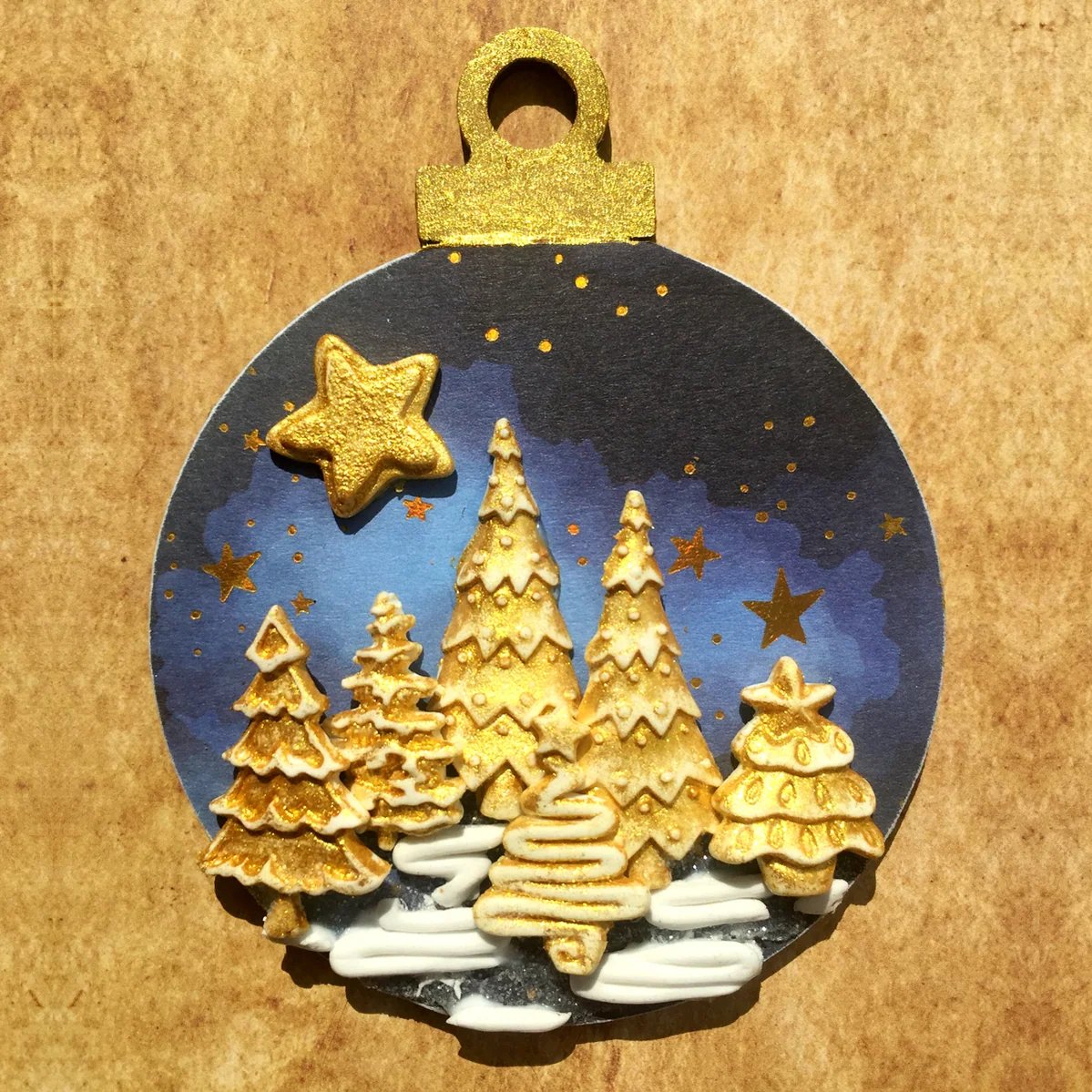 Katy Sue Designs Miniature Christmas Trees Silicone Mould ca0054 gold star blue sky background ornament card