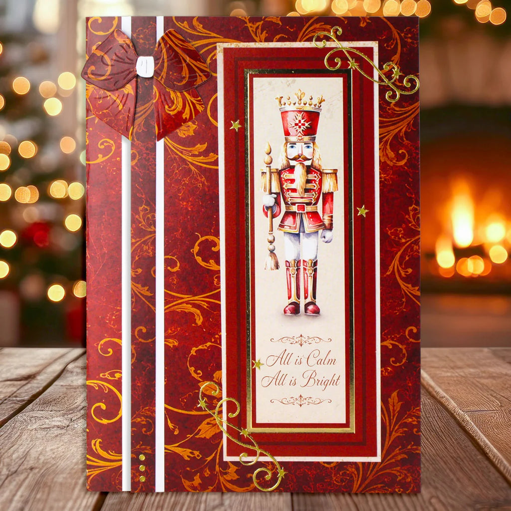 Katy Sue Designs Nostalgic Christmas Foiled Paper Craft Toppers and Sentiments 12-10026nos red nutcracker  red and gold card