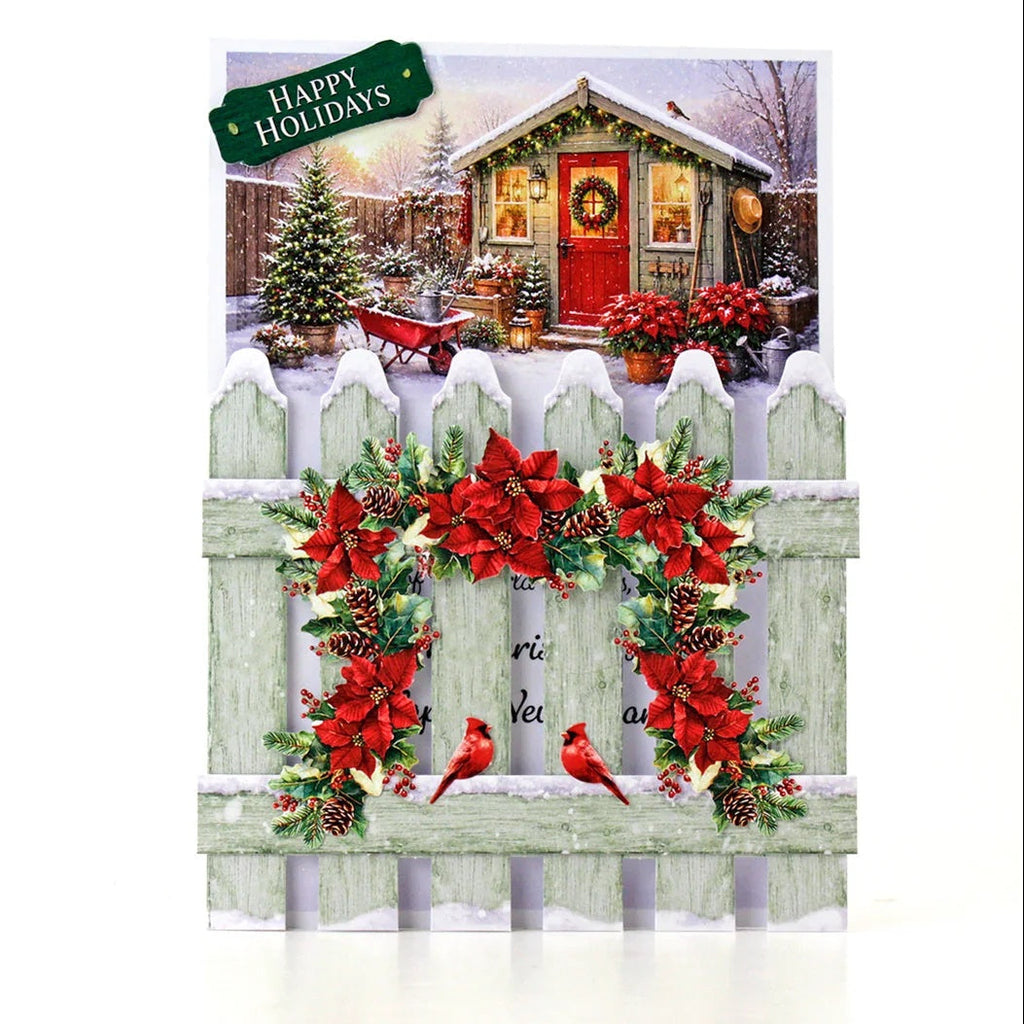 Katy Sue Designs Petite Poinsettias Die Cut Embellishments 12-dce023ppfence with garland cardinals house with red door happy holidays card