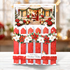Katy Sue Designs Poinsettia Garden Picket Fence Card Making Kit 17-10112pgp red fence santa on porch garland christmas wishes card