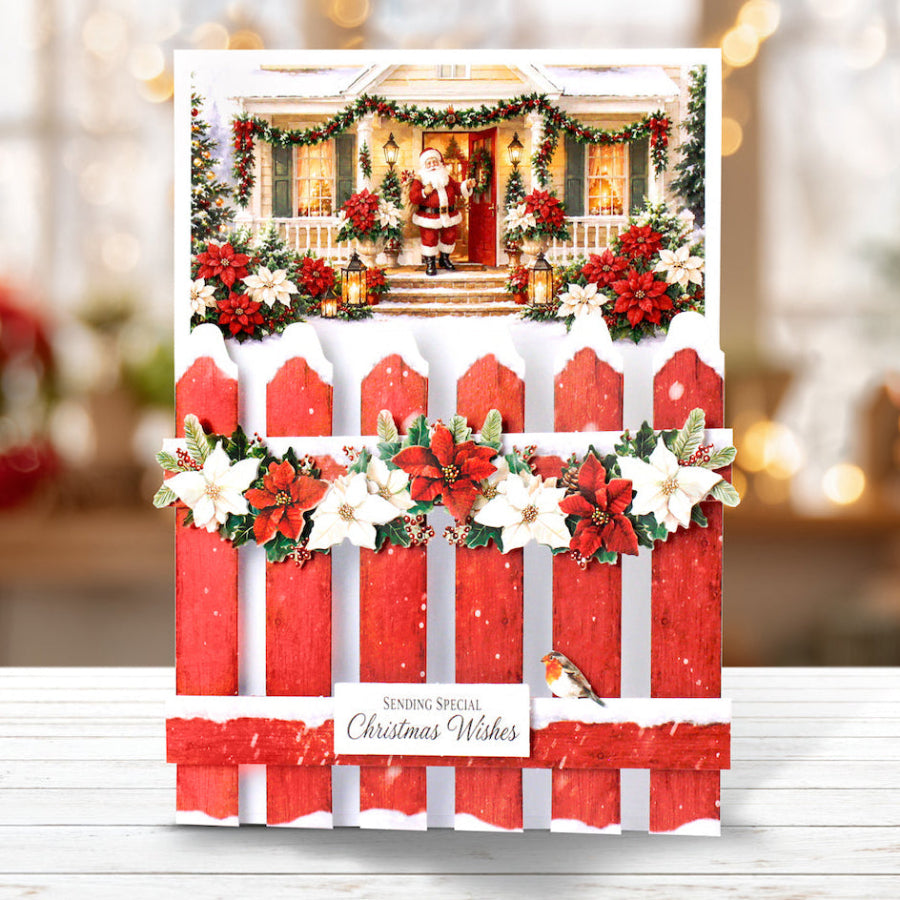 Katy Sue Designs Poinsettia Garden Picket Fence Card Making Kit 17-10112pgp red fence santa on porch garland christmas wishes card