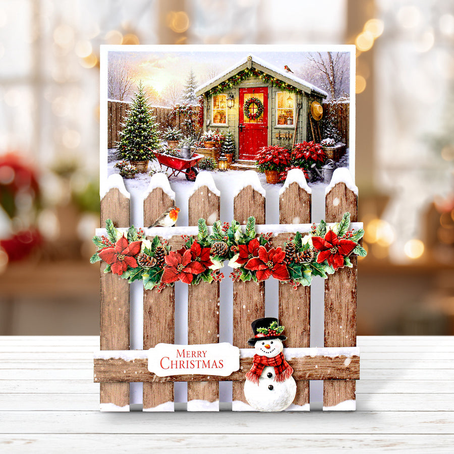 Katy Sue Designs Poinsettia Garden Picket Fence Card Making Kit 17-10112pgp snowman green house with lights christmas tree merry christmas card