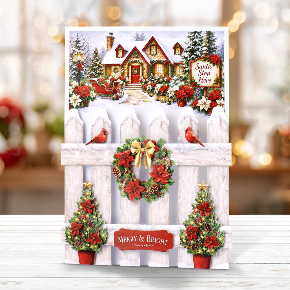 Katy Sue Designs Poinsettia Garden Picket Fence Card Making Kit 17-10112pgp white fence with snow cardinals christmas wreath cottage house merry and bright card