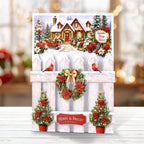 Katy Sue Designs Poinsettia Garden Picket Fence Card Making Kit 17-10112pgp white fence with snow cardinals christmas wreath cottage house merry and bright card