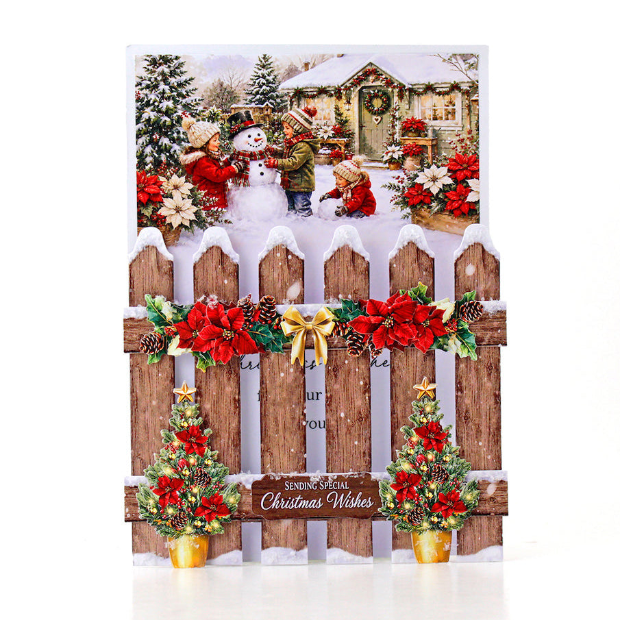 Katy Sue Designs Poinsettia Garden Scene Stash 02-10079pgs little kids making snowman green house fence with trees card