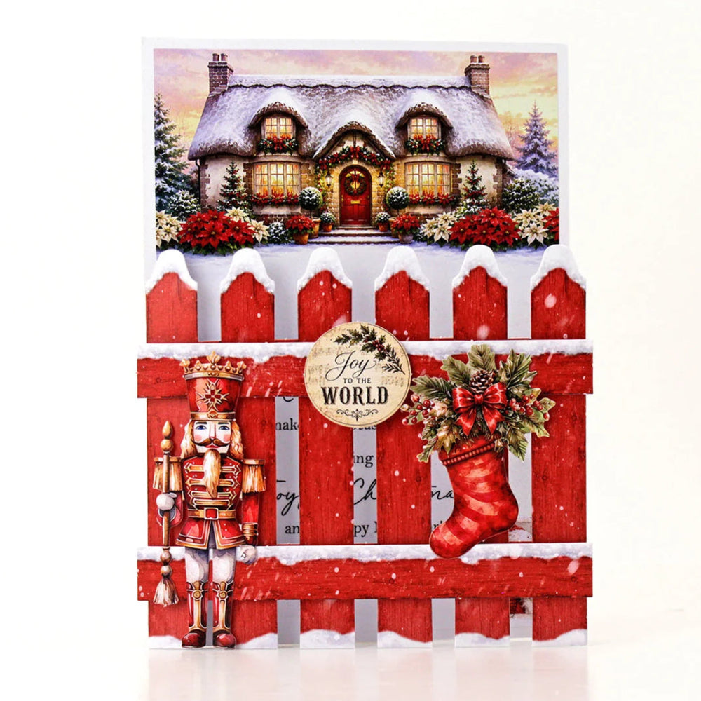 Katy Sue Designs Poinsettia Garden Scene Stash 02-10079pgs nutcracker red fence red stocking joy to the world card