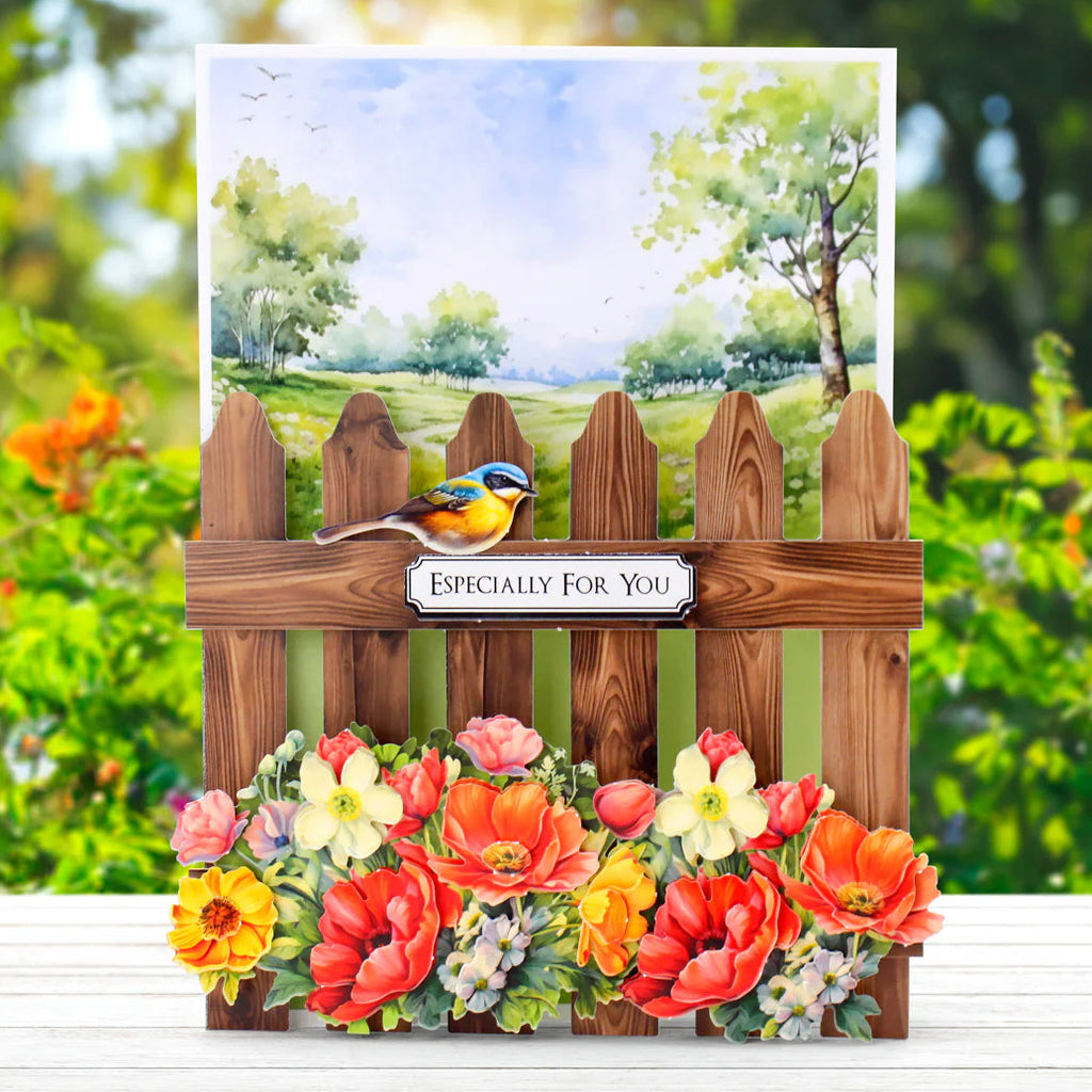 Katy Sue Designs Pretty Petals Picket Fence Card Making Kit 17-10082ppf brown fence blue bird flowers for you card kit