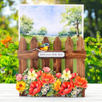 Katy Sue Designs Pretty Petals Picket Fence Card Making Kit 17-10082ppf brown fence blue bird flowers for you card kit