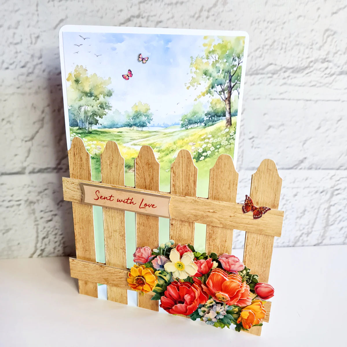 Katy Sue Designs Pretty Petals Picket Fence Card Making Kit 17-10082ppf brown fence butterflies sent with love card kit