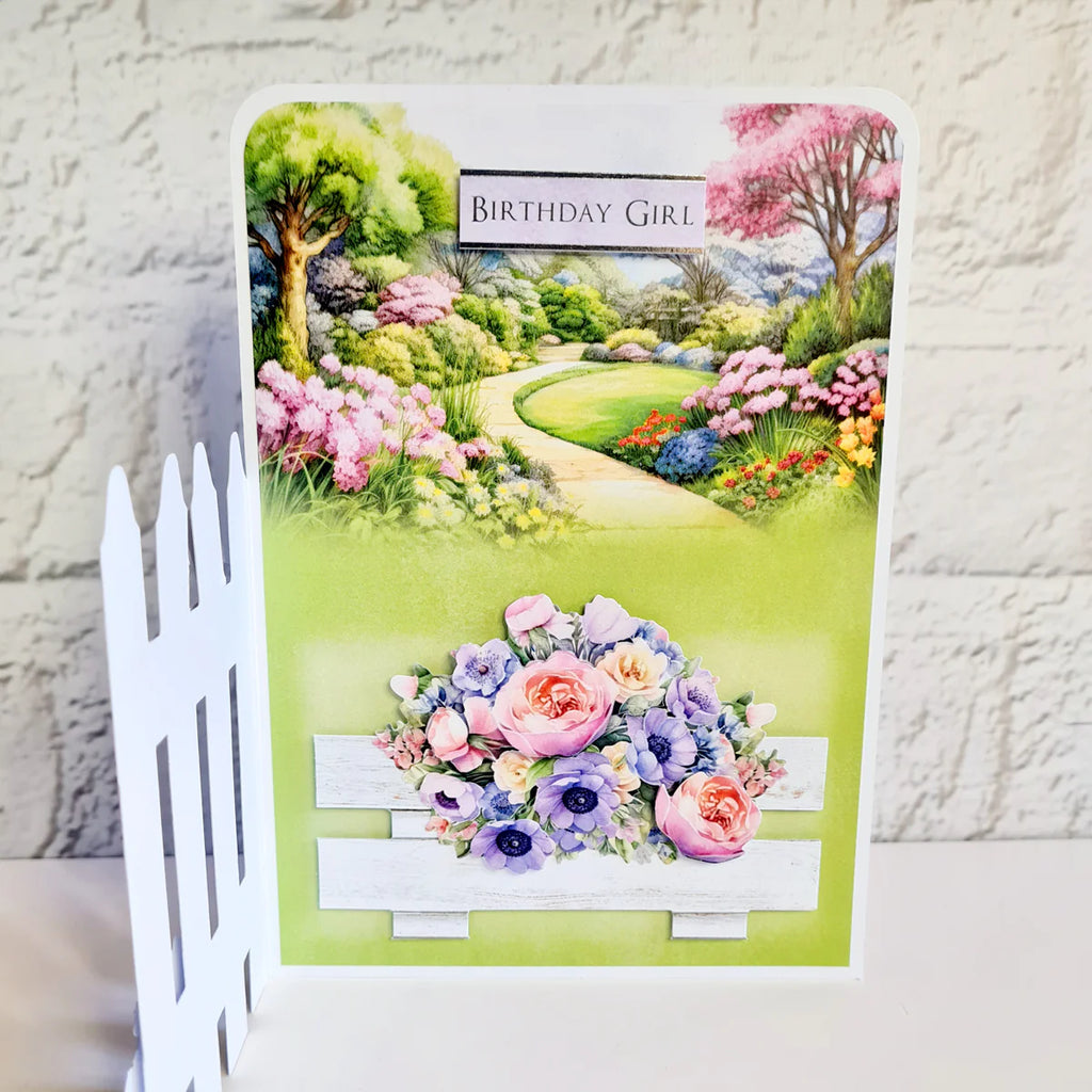 Katy Sue Designs Pretty Petals Picket Fence Card Making Kit 17-10082ppf white fence flower bench sidewalk birthday girl card kit