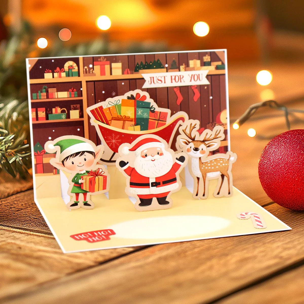 Katy Sue Designs Santa and Friends Pop Up Christmas Card Making Kit 17-10094saf elf with present santa claus candy cane sleigh with presents just for you card