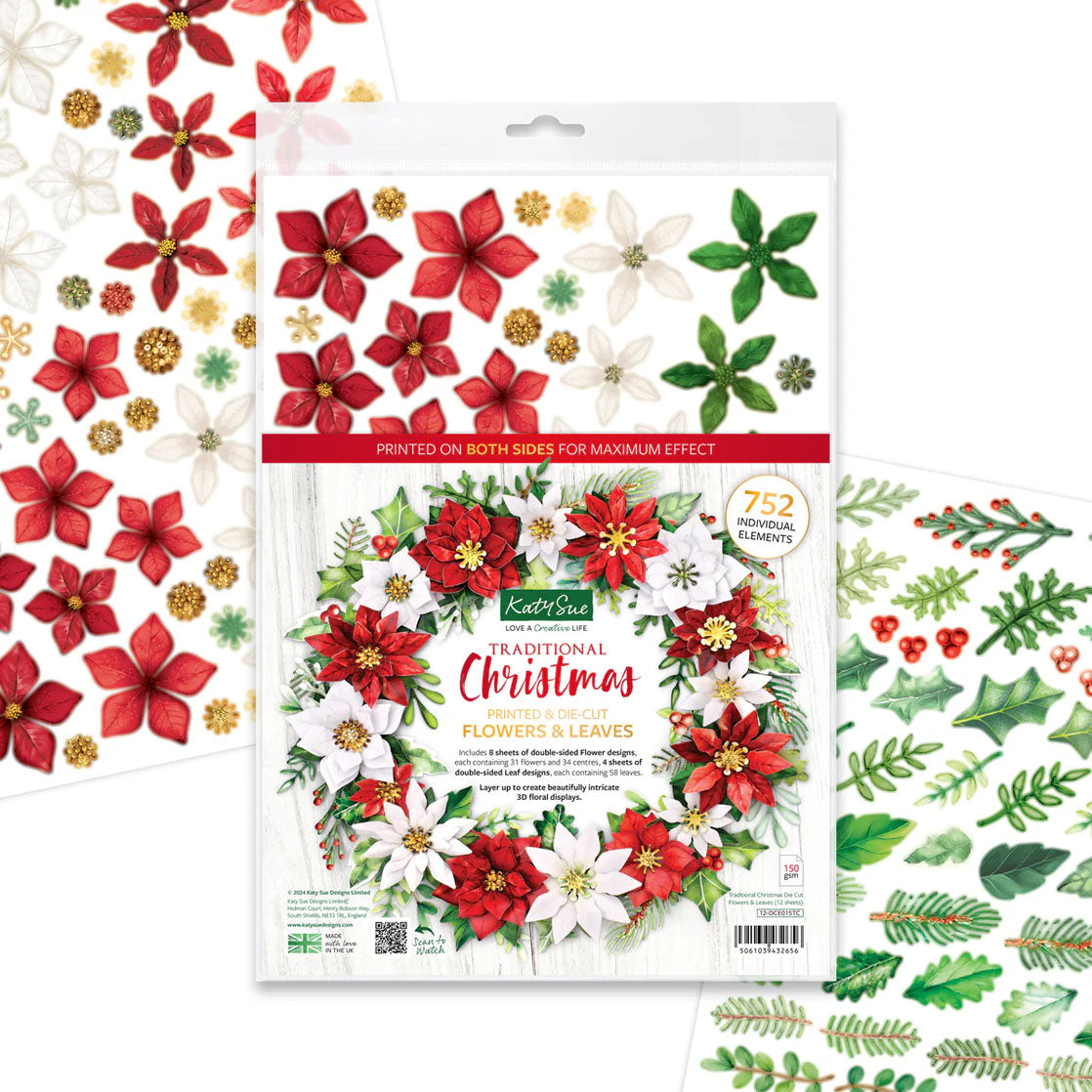 Katy Sue Designs Traditional Christmas Die Cut Flowers and Leaves 12-dce015tc