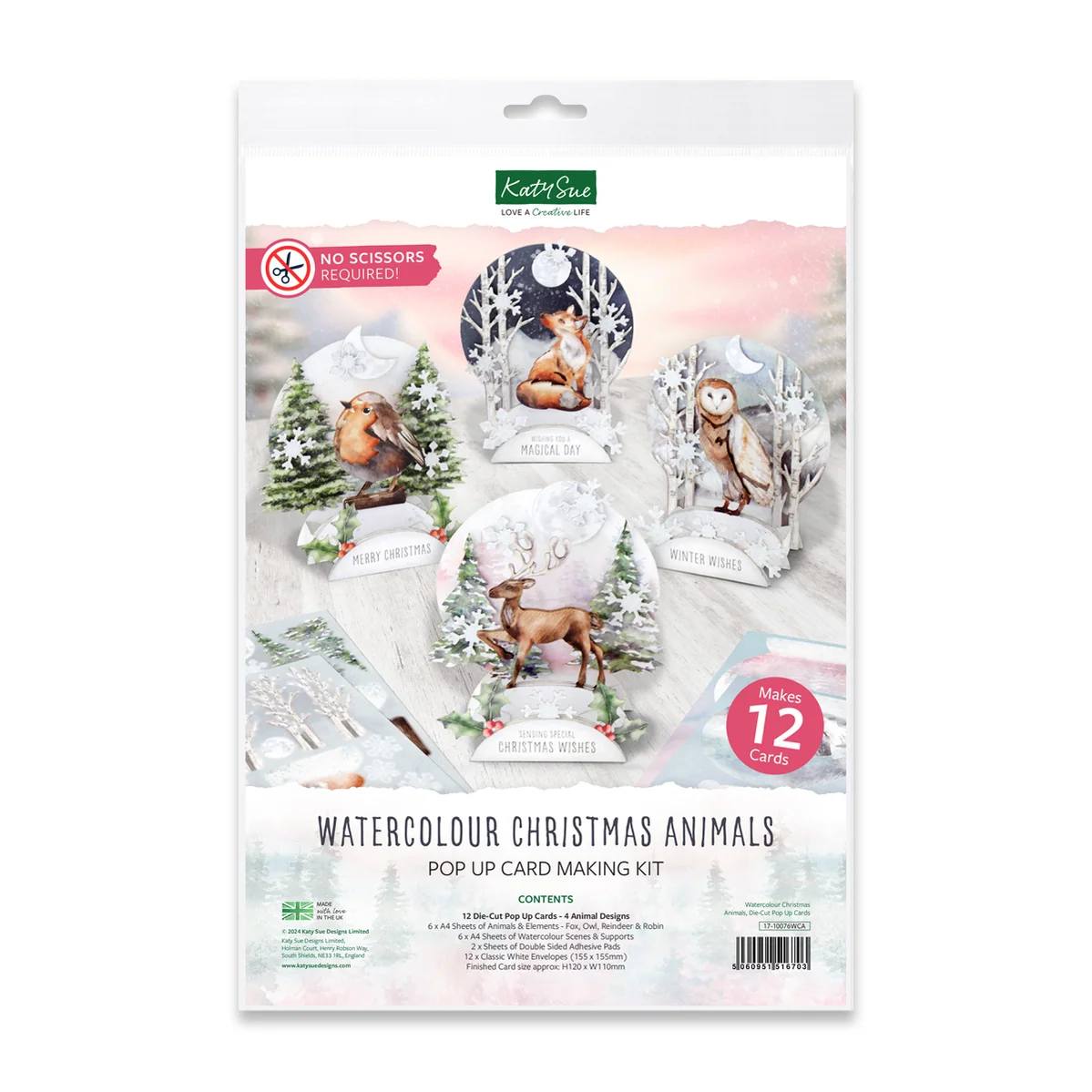 Katy Sue Designs Watercolor Christmas Animals Pop Up Card Making Kit 17-10076wca