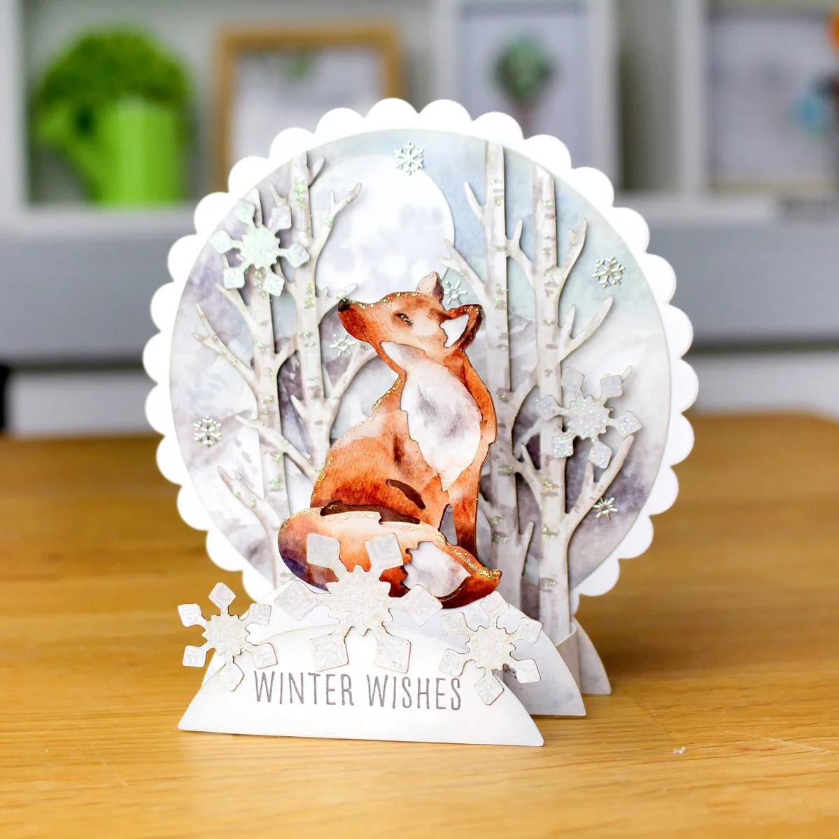 Katy Sue Designs Watercolor Christmas Animals Pop Up Card Making Kit 17-10076wca fox snowflakes winter wishes card
