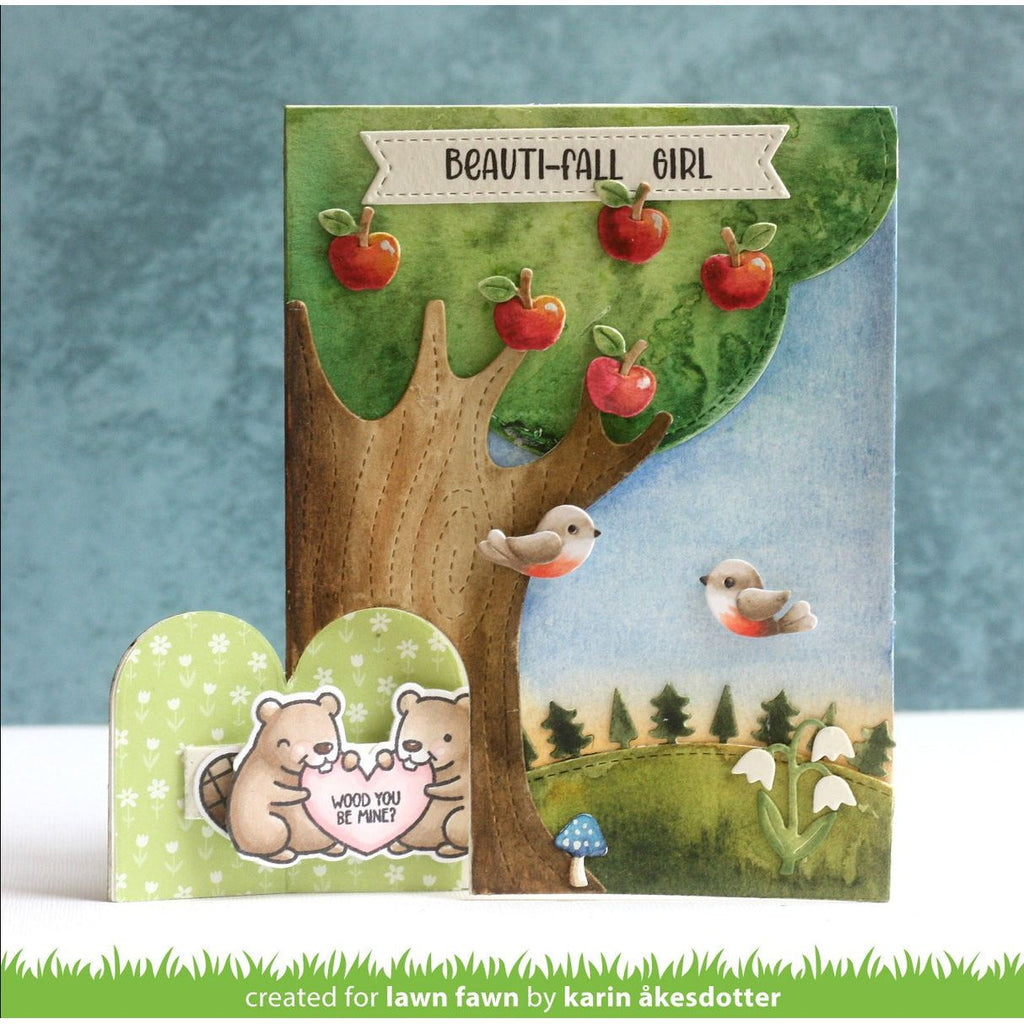Card with tree, birds, and bears design on a blue background | color-code:alt1