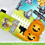 Halloween-themed card with pumpkins, cat, and mummy stickers on a white background. | color-code:alt1