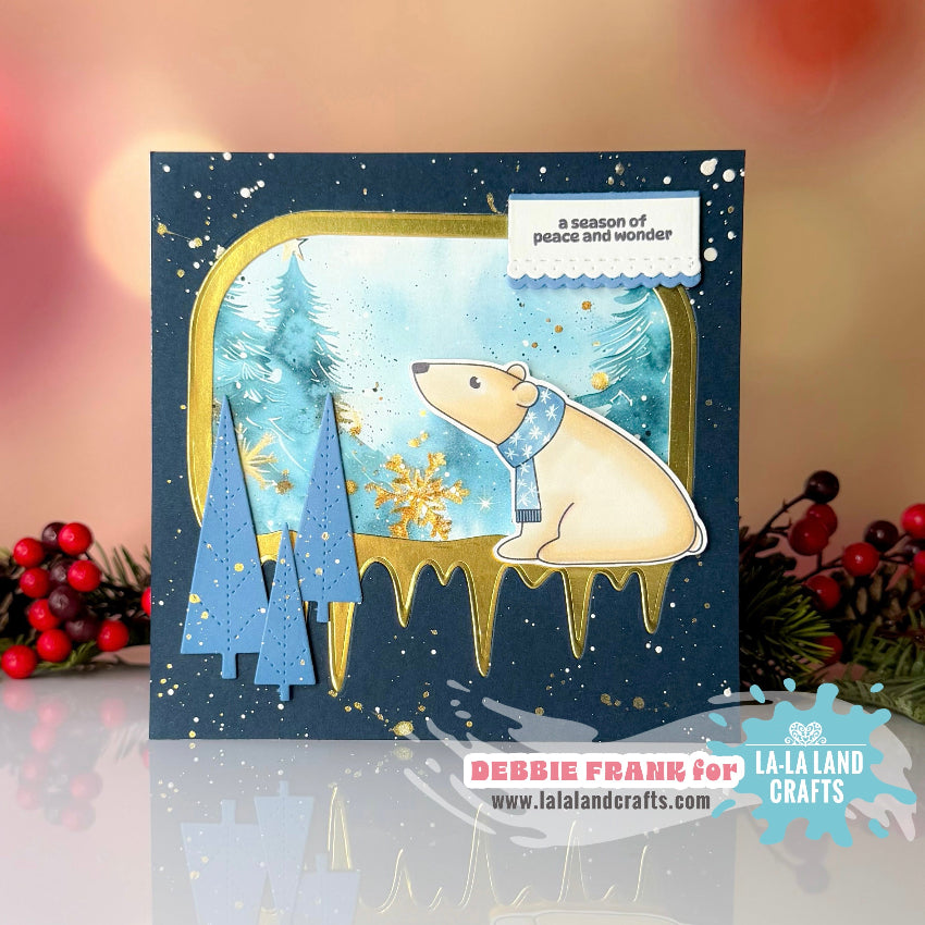 La-La Land Crafts Icicles Frames Dies 9023 blue trees gold frame card