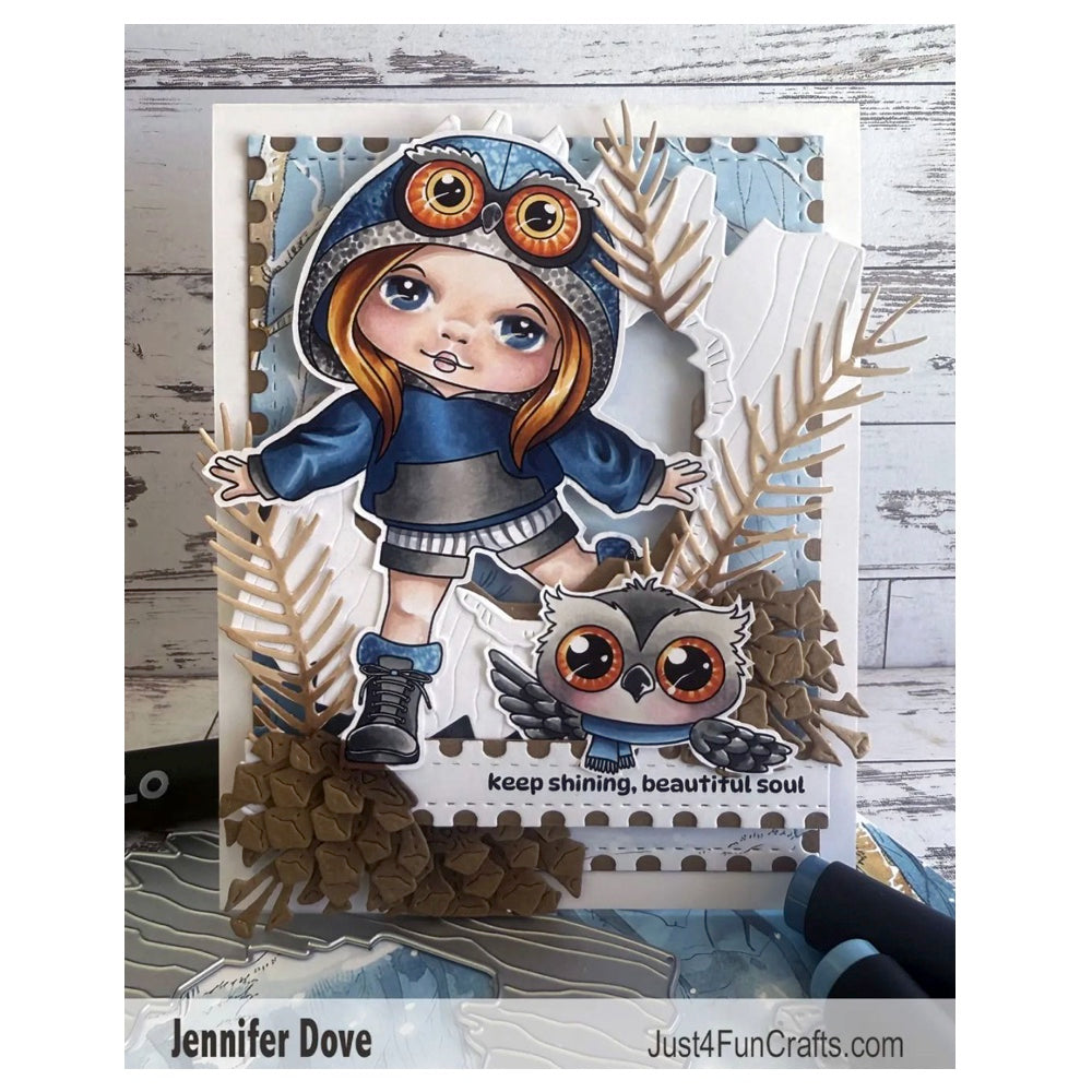 La-La Land Crafts Owl Hoodie Marci Cling Stamp 5637 pinecones owl card