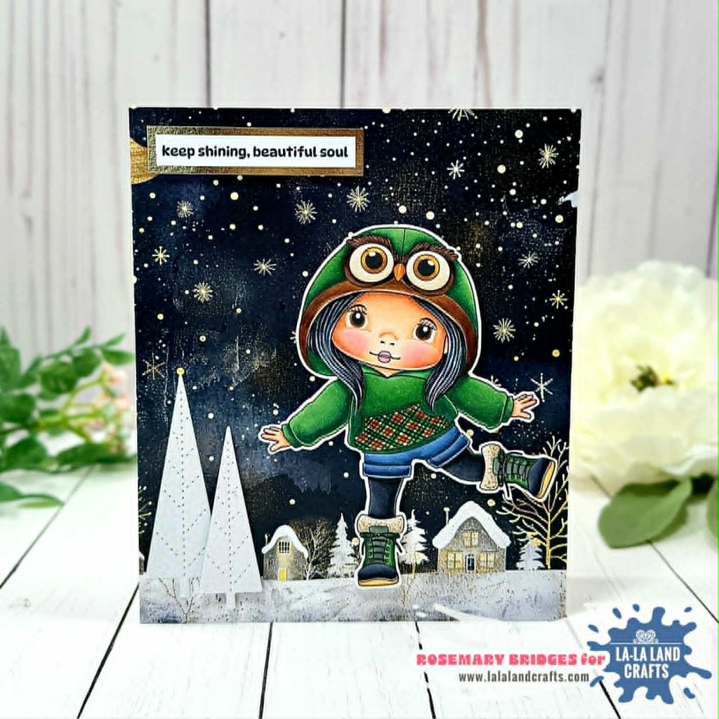 La-La Land Crafts Owl Hoodie Marci Cling Stamp 5637 snow is falling card