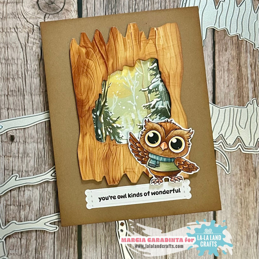 La-La Land Crafts Tree Hollow Dies 9029 owl in scarf card
