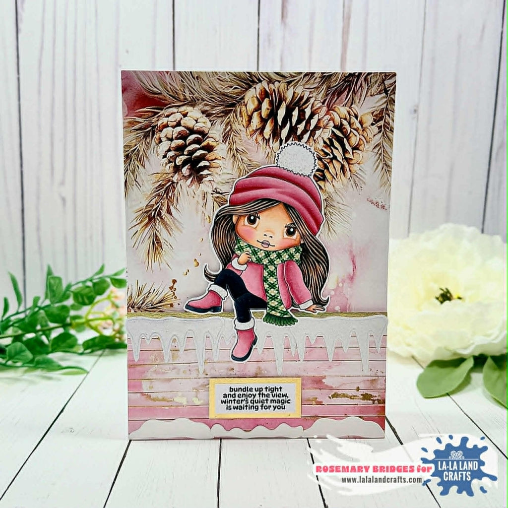 La-La Land Crafts Winter Marci Clear Stamps cl224 pinecones pink wood background card