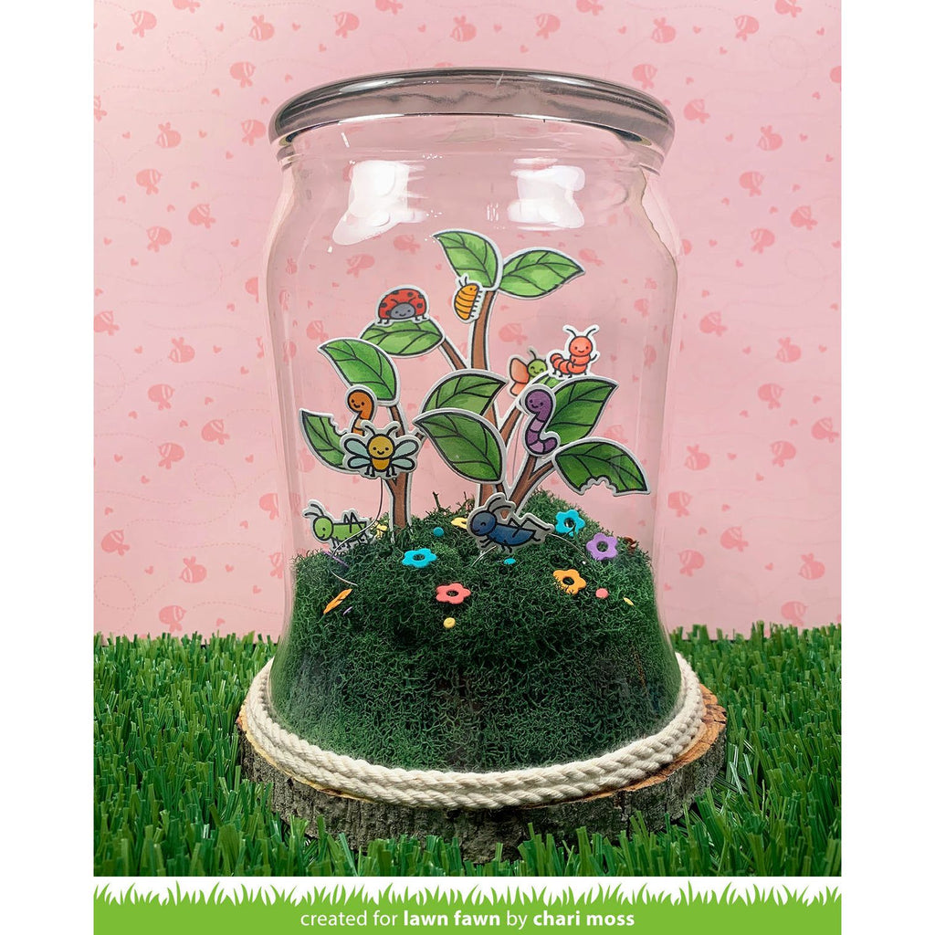 Lawn Fawn A Bug Deal Clear Stamps lf2221 Terrarium altered art piece featuring bugs and plants and peat moss