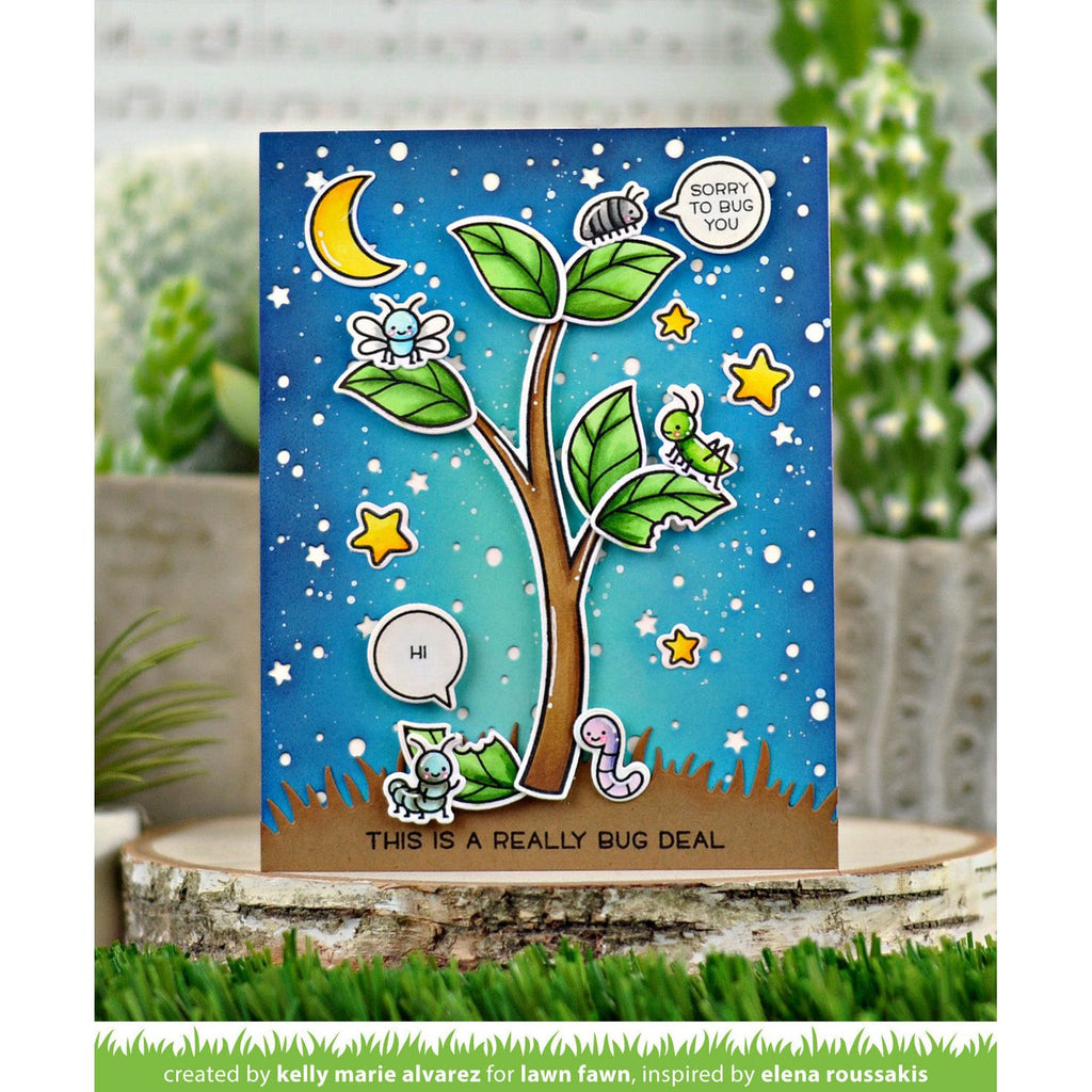 Children's card with a tree and bugs on a blue background, featuring text 'This is a really bug deal'.
