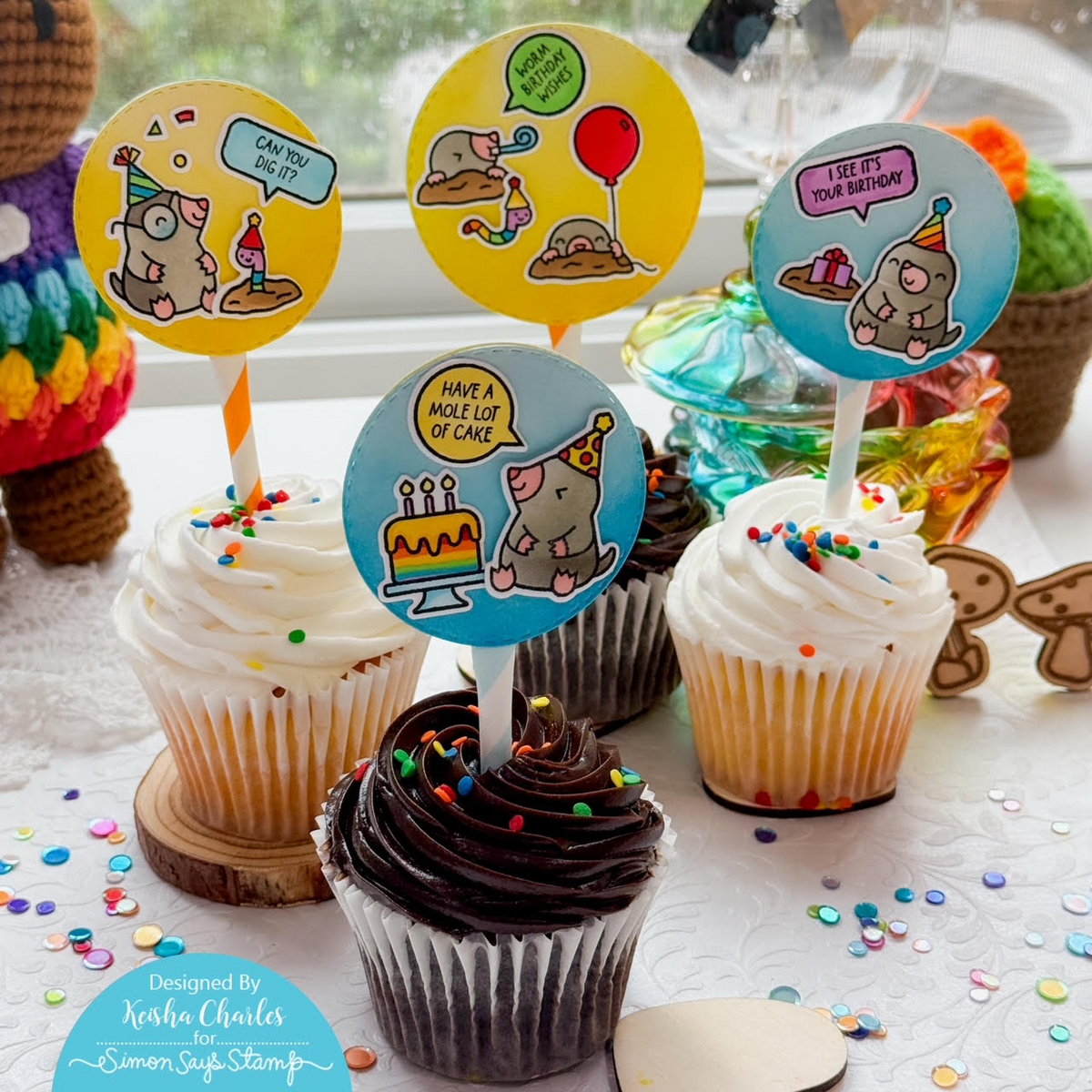 Lawn Fawn A Mole Lot of Cake STAMPtember Exclusive Stamps and Dies Critter Birthday Cupcakes Keisha Charles