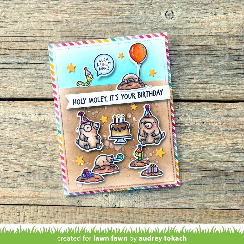 Lawn Fawn A Mole Lot of Cake STAMPtember Exclusive Stamps lf4236 Critter Birthday Card Audrey Tokach