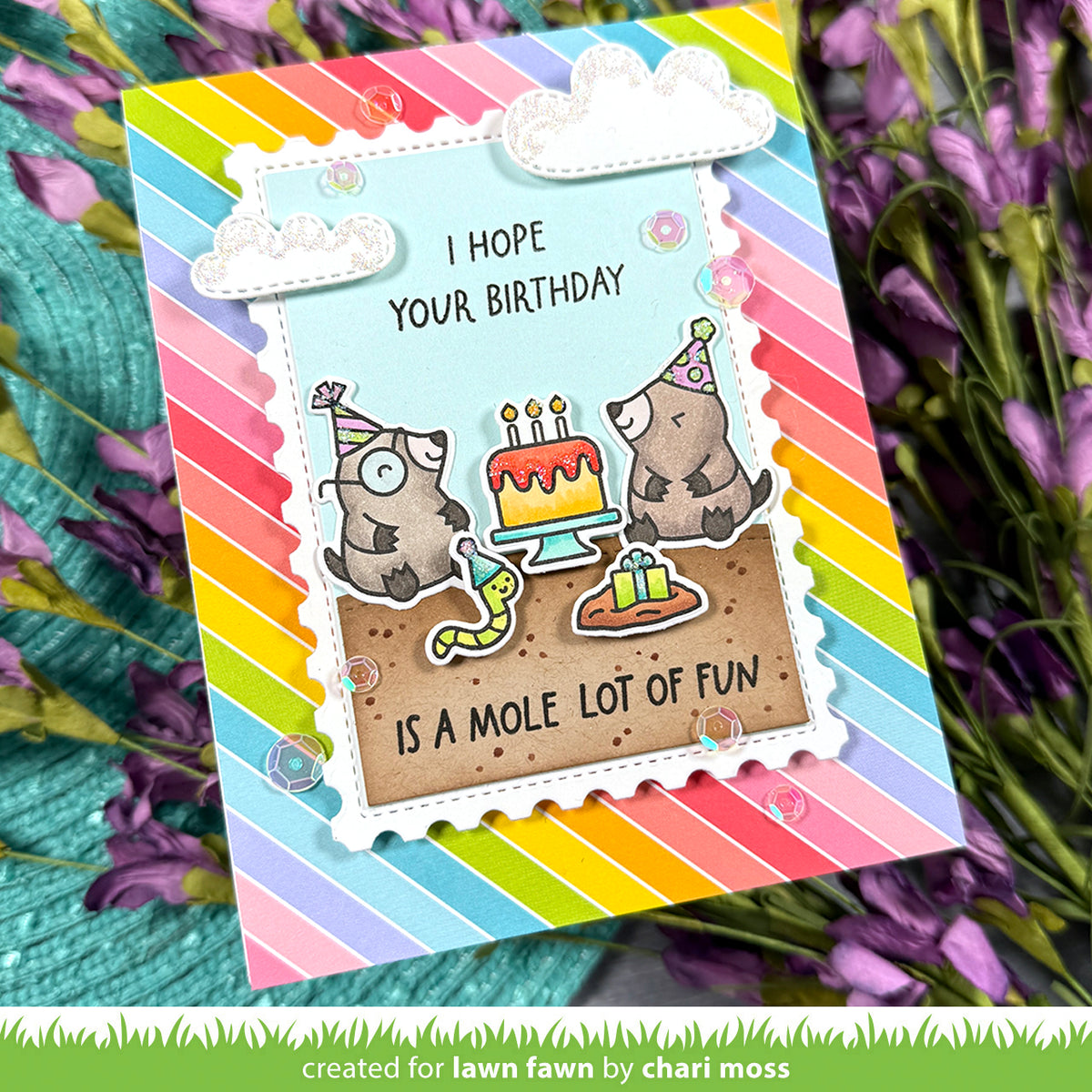 Lawn Fawn A Mole Lot of Cake STAMPtember Exclusive Stamps lf4236 Critter Birthday Card Chari Moss