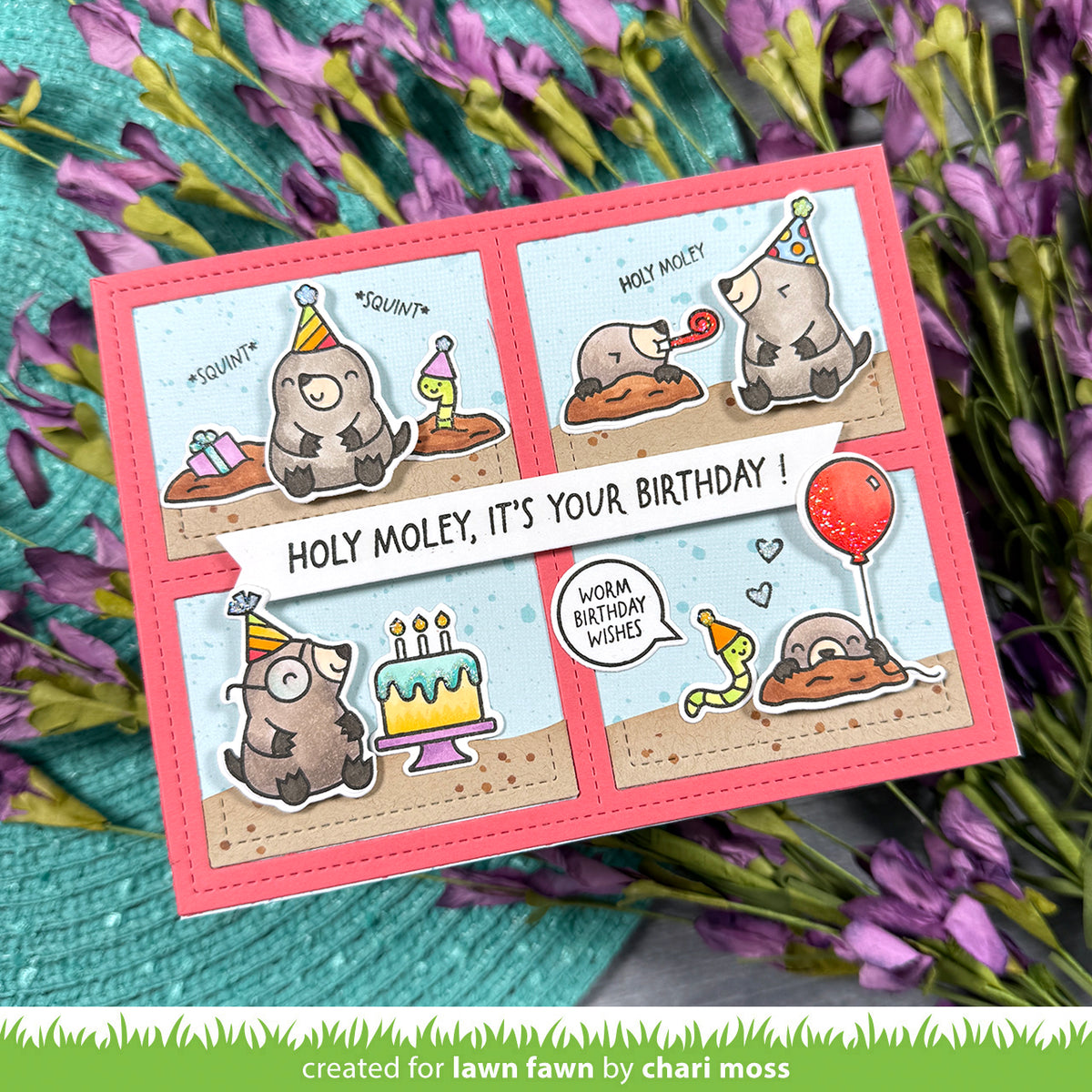 Lawn Fawn A Mole Lot of Cake STAMPtember Exclusive Stamps lf4236 Critter Birthday Card Chari Moss Quadrants