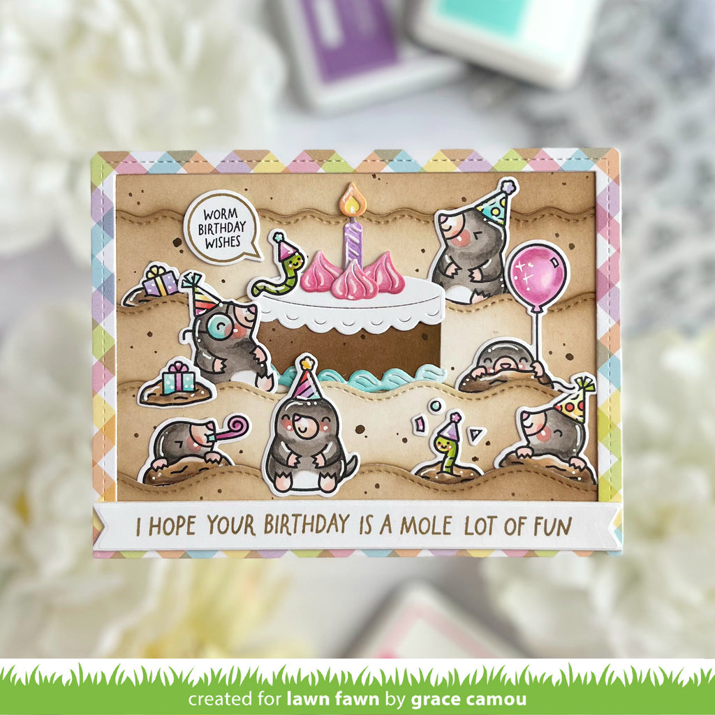 Lawn Fawn A Mole Lot of Cake STAMPtember Exclusive Stamps lf4236 Critter Birthday Card Grace Camou
