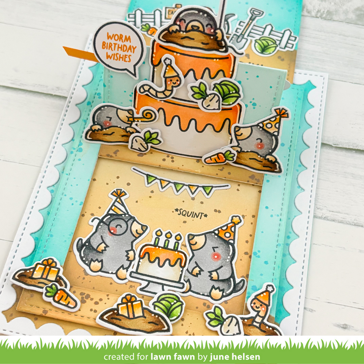 Lawn Fawn A Mole Lot of Cake STAMPtember Exclusive Stamps lf4236 Critter Birthday Card June Helsen