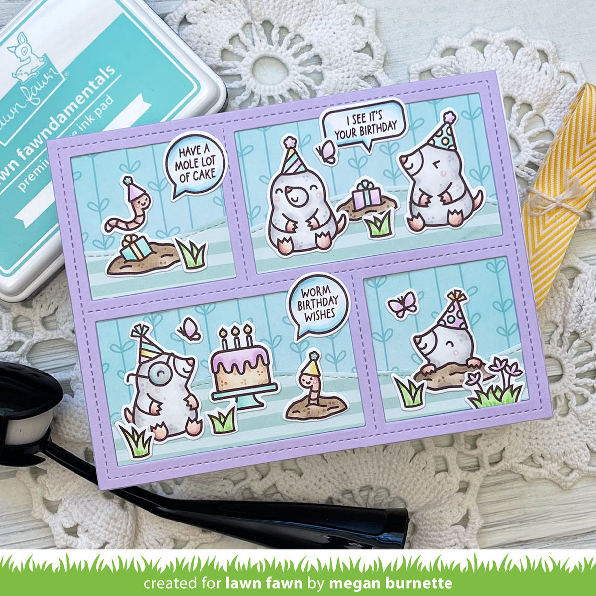 Lawn Fawn A Mole Lot of Cake STAMPtember Exclusive Stamps lf4236 Critter Birthday Card Megan Burnette