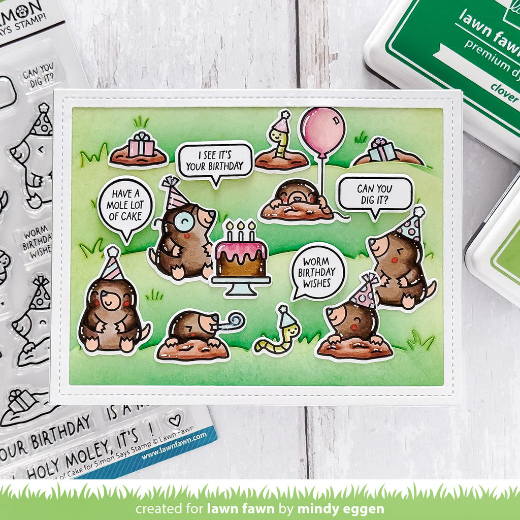 Lawn Fawn A Mole Lot of Cake STAMPtember Exclusive Stamps lf4236 Critter Birthday Card Mindy Eggen