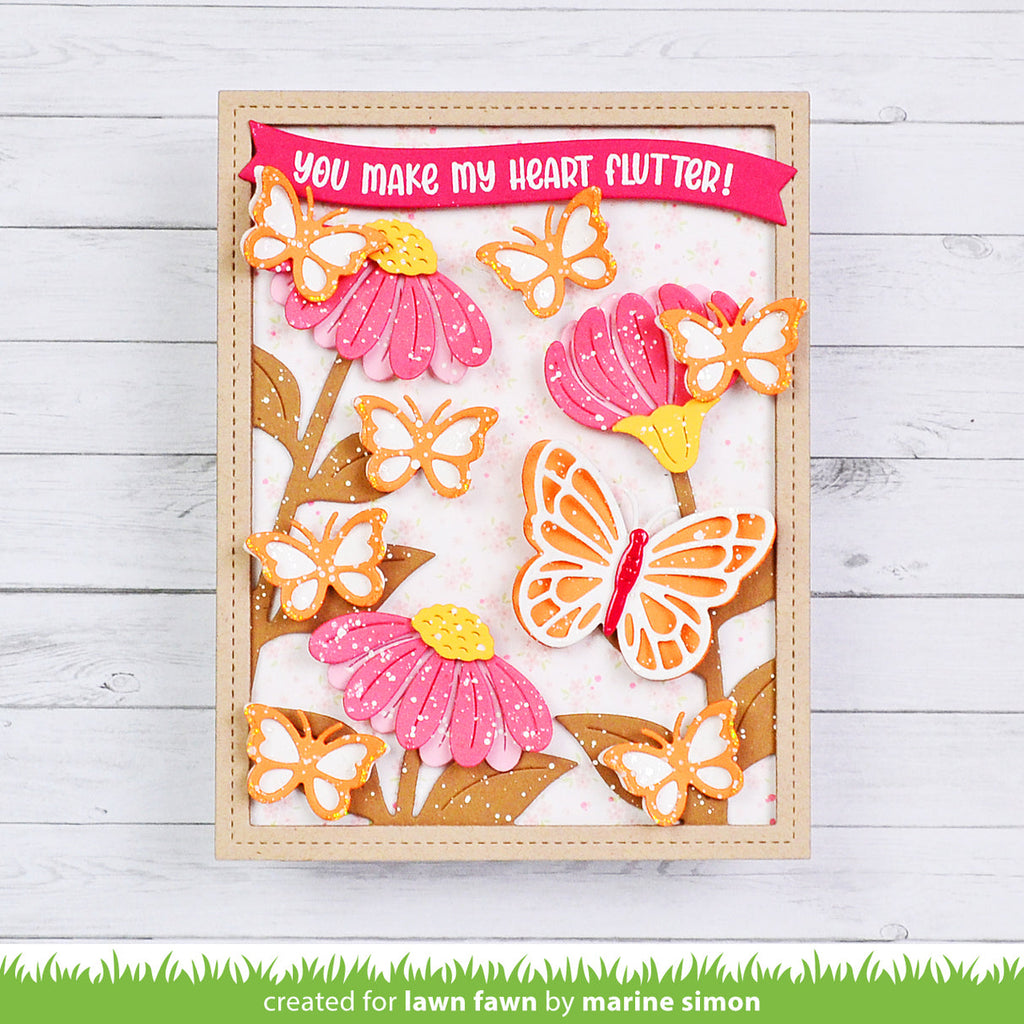 Lawn Fawn Big Blossom Backdrop: Portrait Dies lf4051 you make my heart flutter pink flowers and orange butterflies