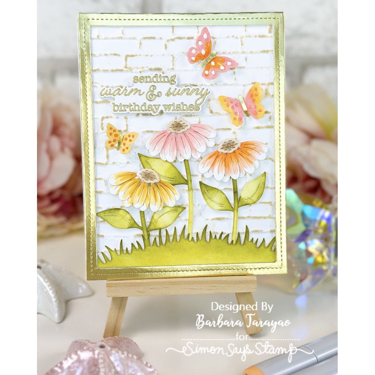 Lawn Fawn Big Blossom Flowers Dies lf4092 flowers butterflies brick background birthday card barara tarayao | color-code:ALT01