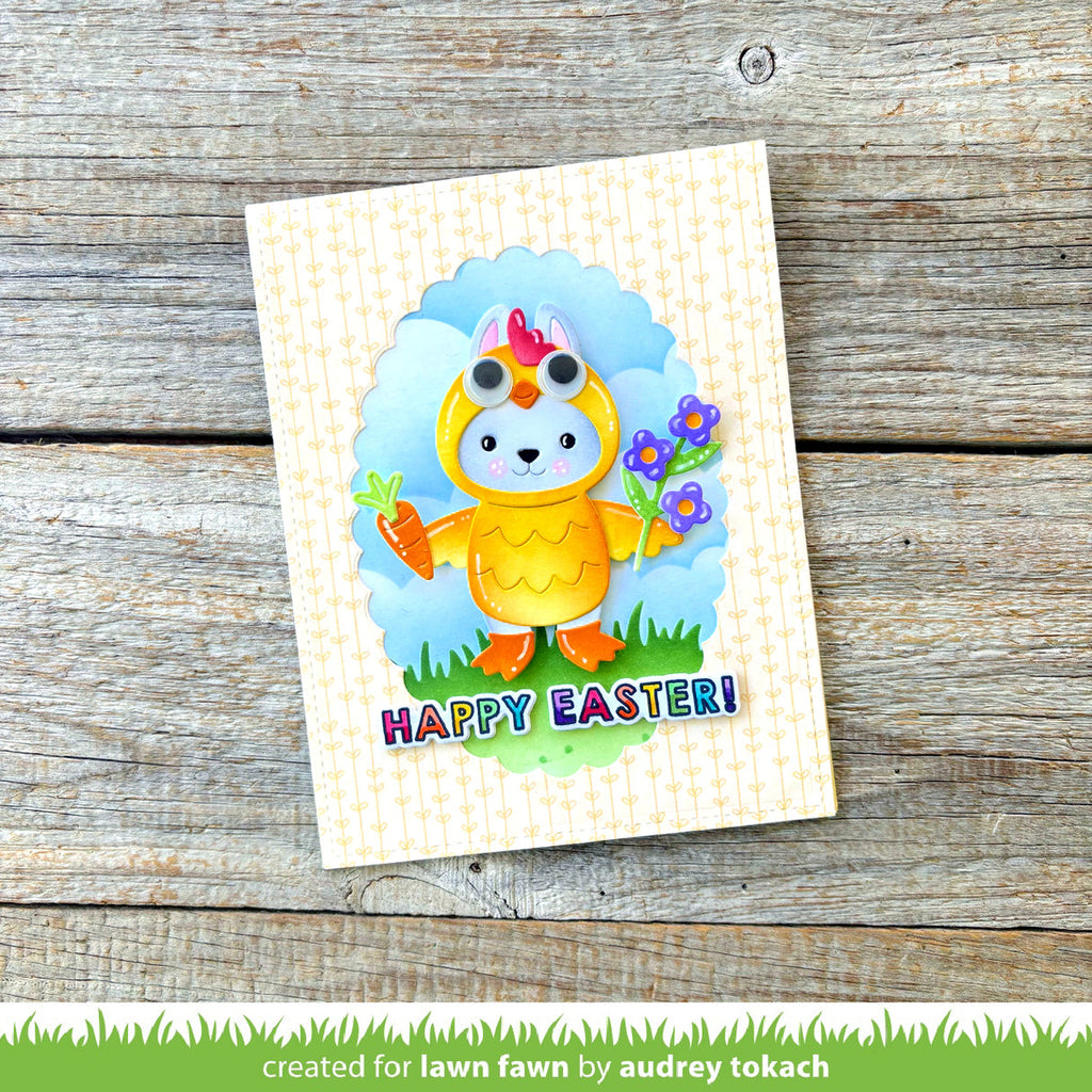 Lawn Fawn Blissful Blossoms 6x6 Inch Petite Paper Pack lf4009 bunny dressed as chick card with happy easter sentiment-847c-45c2-8bec-059bdf59bd47