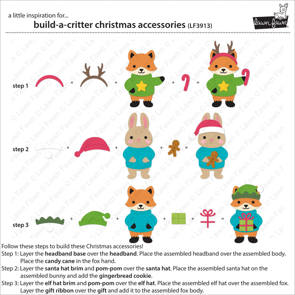Instructions for building Christmas-themed animal accessories with fox, rabbit, and deer figures.