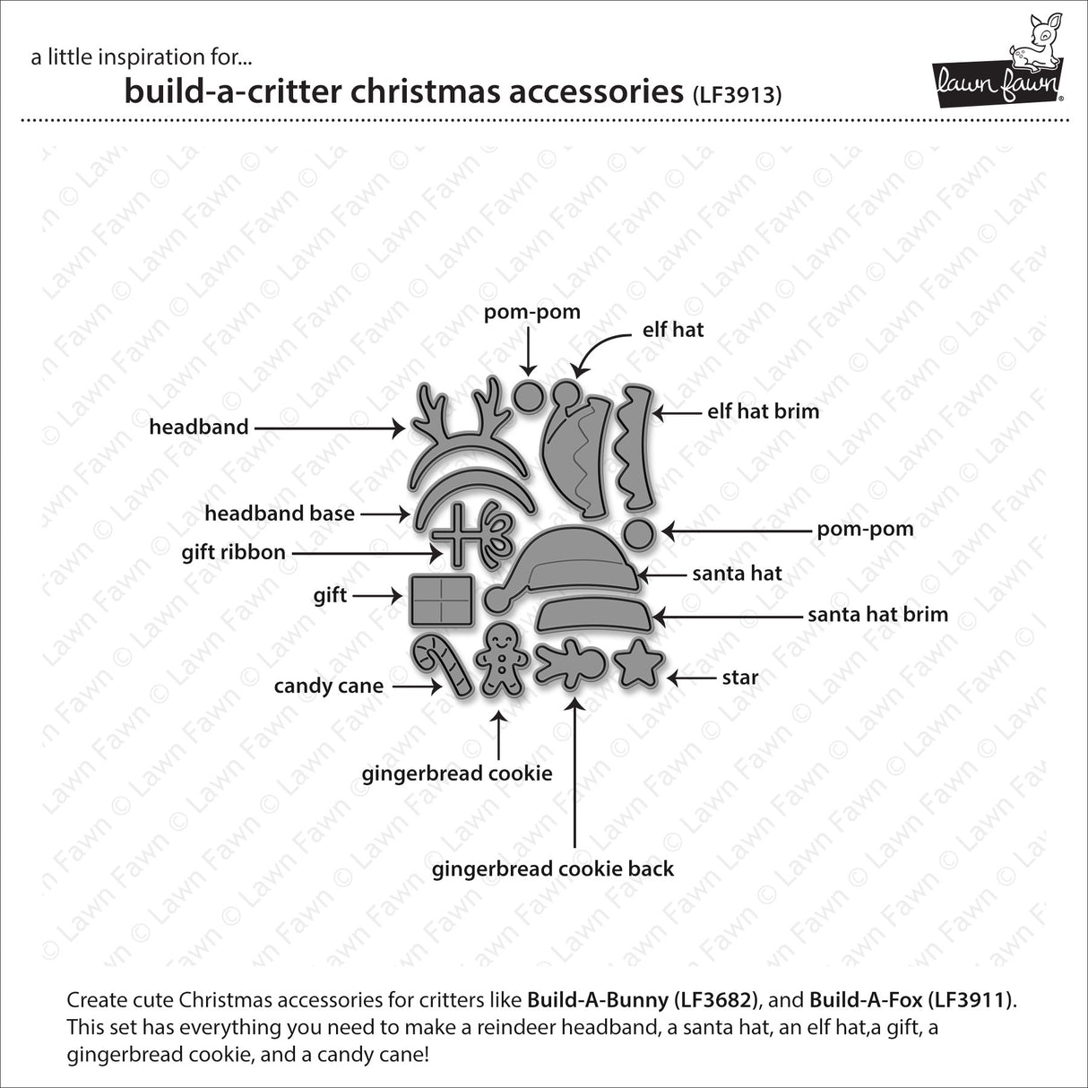 Lawn Fawn Build-a-Critter Christmas accessories set with labeled parts on a white background.