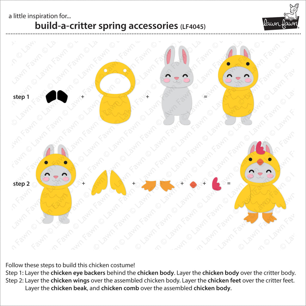 Instructions for building a chicken costume with cartoon characters and assembly steps.