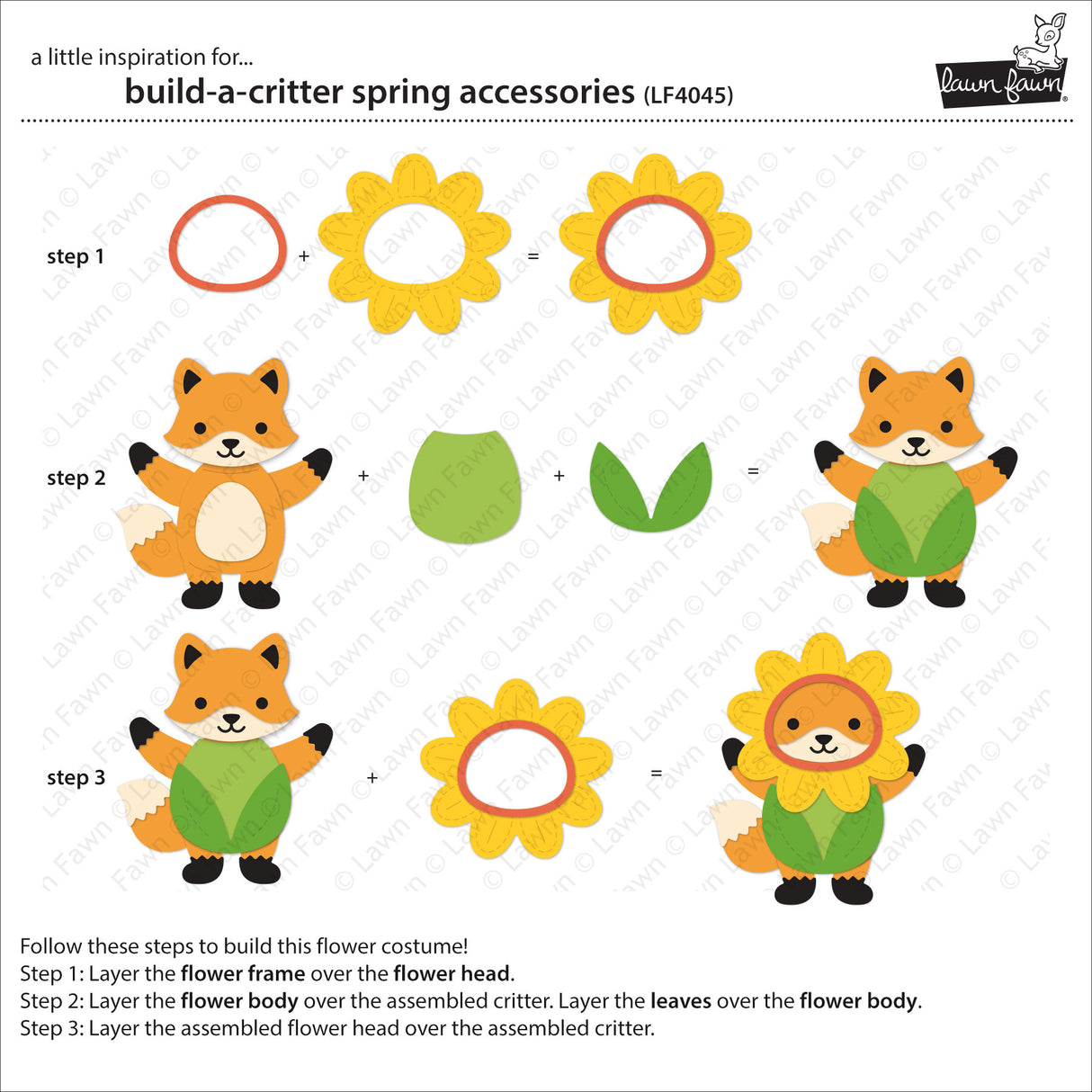 Instructions for building a fox character with flower accessories on a white background