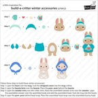 Instructions for building winter accessories with cartoon bunnies using die pieces.