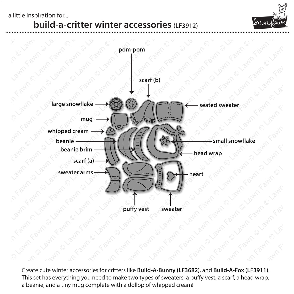 Diagram of build-a-critter winter accessories with labeled parts on a white background.
