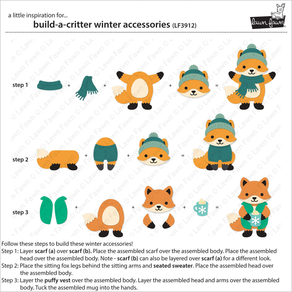 Instructions for building a fox figure with winter accessories on a white background