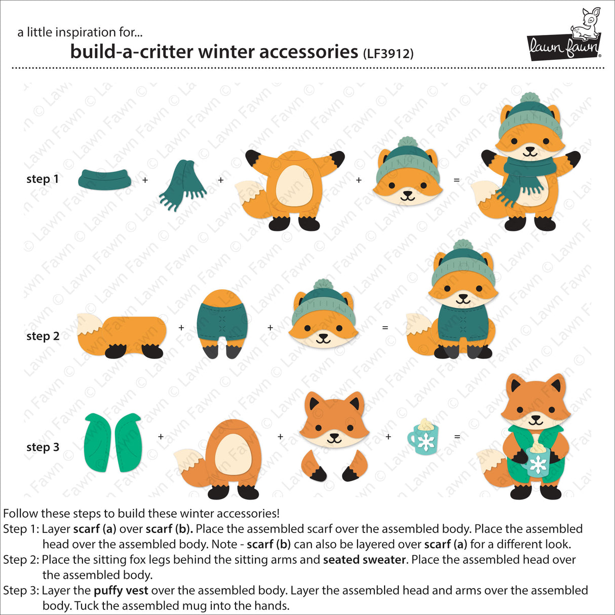 Instructions for building a fox figure with winter accessories on a white background