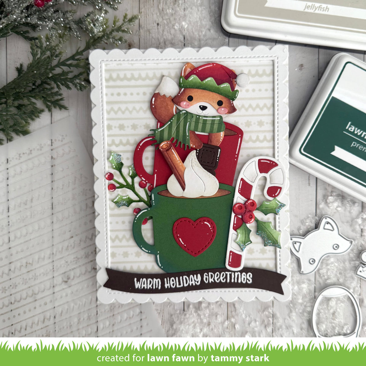 Christmas-themed card with a fox holding a mug and candy cane, surrounded by festive decorations.