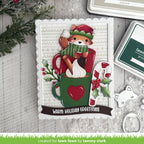 Christmas-themed card with a fox holding a mug and candy cane, surrounded by festive decorations.